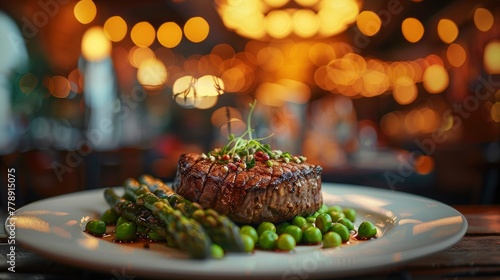 A beautifully plated steak with asparagus and peas, placed on an elegant plate in front of a dimly lit pub interior photo