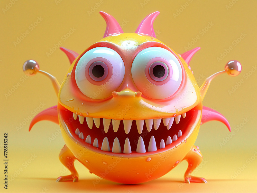 Fototapeta premium Cheerful 3D creature, large head, pastel environment, simple contours, bright lighting, front view