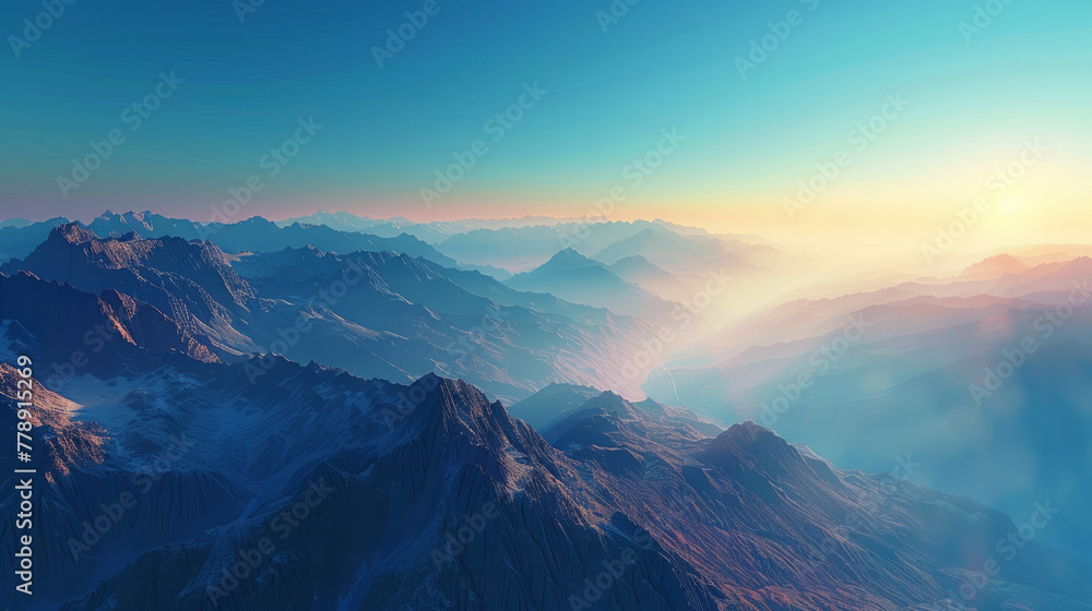 Mountain Landscape, Dawn breaks over an untouched mountain range under a clear sky.