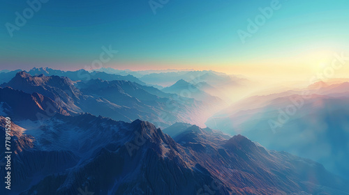 Mountain Landscape, Dawn breaks over an untouched mountain range under a clear sky.