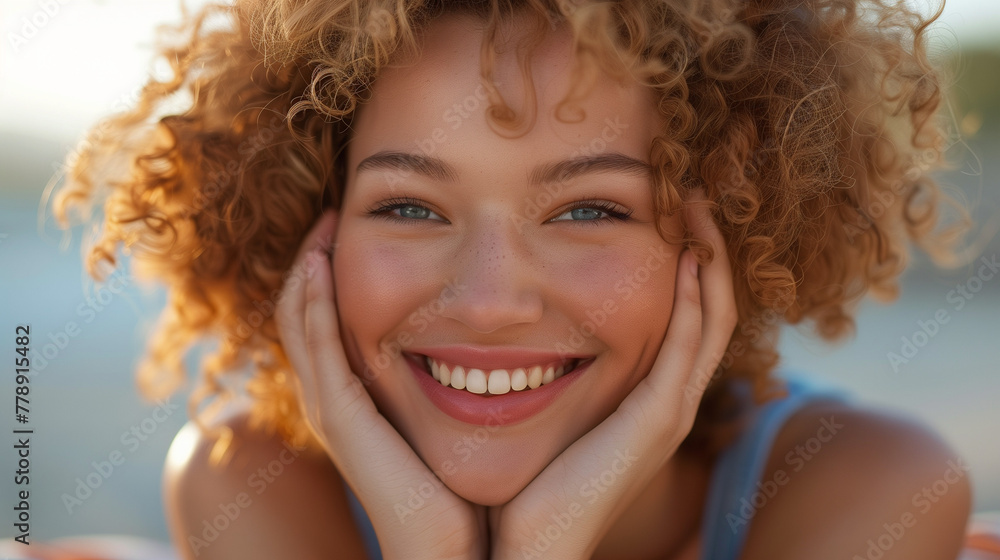 Smiling young woman with blue eyes resting head on hands. Smiling young woman with blue eyes resting head on hands.