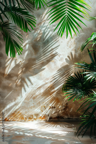 Tropical Palm Leaves Shadow on Textured Wall Background © Yulia