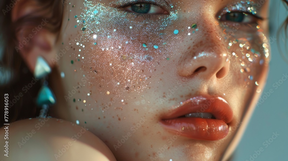 A close up of a fashion model with glitter makeup in editorial beauty photography, closeup A close up of a fashion model with glitter makeup in editorial beauty photography, closeup