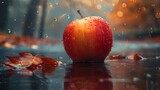  Red apple in water puddle with nearby leaf