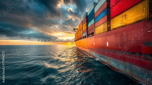 Cargo ship laden with colorful containers traverses the vast blue ocean under a clear sky.