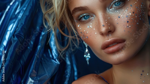 A close up of an attractive blonde model with silver glitter on her face, wearing earrings and a blue top in the style of fashion photography