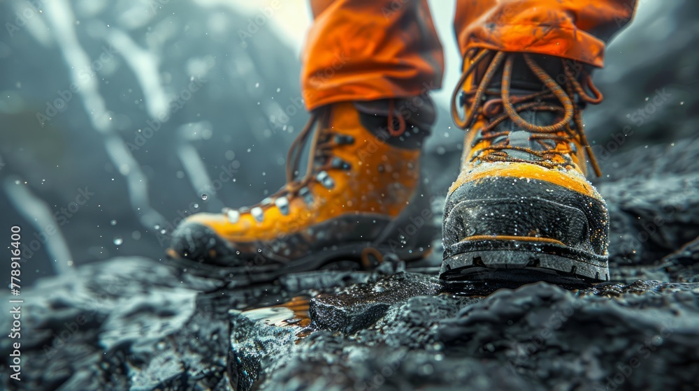 Close Up of Rugged Hiking Boots on Rocky Terrain in Rainy Weather Outdoor Adventure Concept Close Up of Rugged Hiking Boots on Rocky Terrain in Rainy Weather Outdoor Adventure Concept
