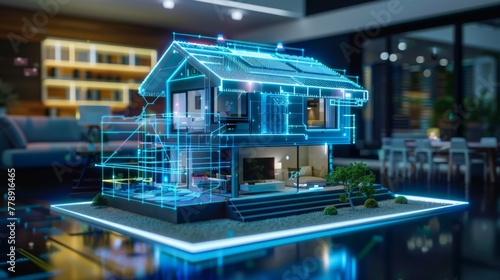 A smart AI house model is shown in a blue color scheme. The house is designed to be energy efficient and has a modern look. The model is displayed on a black surface, giving it a sleek.