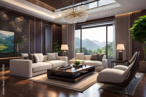 Depict a spacious living room with comfortable seating arrangements, large windows allowing natural light, and tasteful decor creating a cozy ambiance. © DreamyPixels