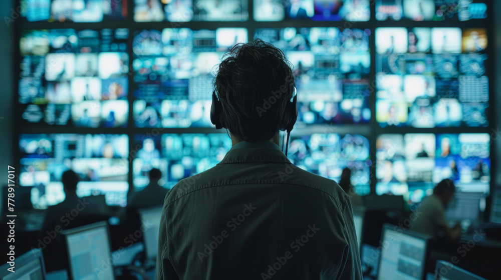Control Room Operations, Individual managing complex systems in a high-tech monitoring environment. Control Room Operations, Individual managing complex systems in a high-tech monitoring environment.