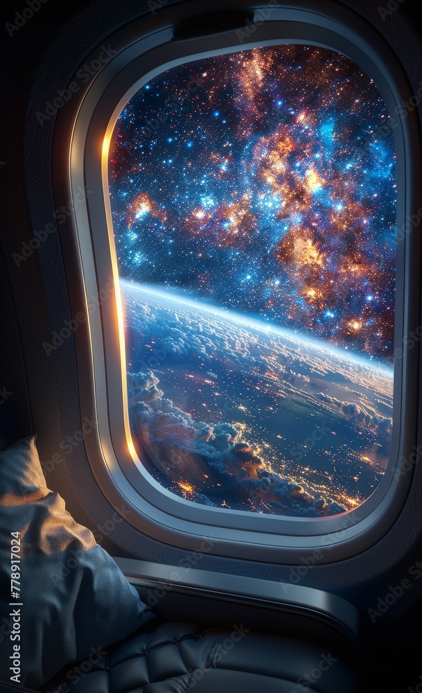 Inside the airplane you can see the vastness of space and the stars ahead while the window on one side reveals Earths surface, Generated by AI