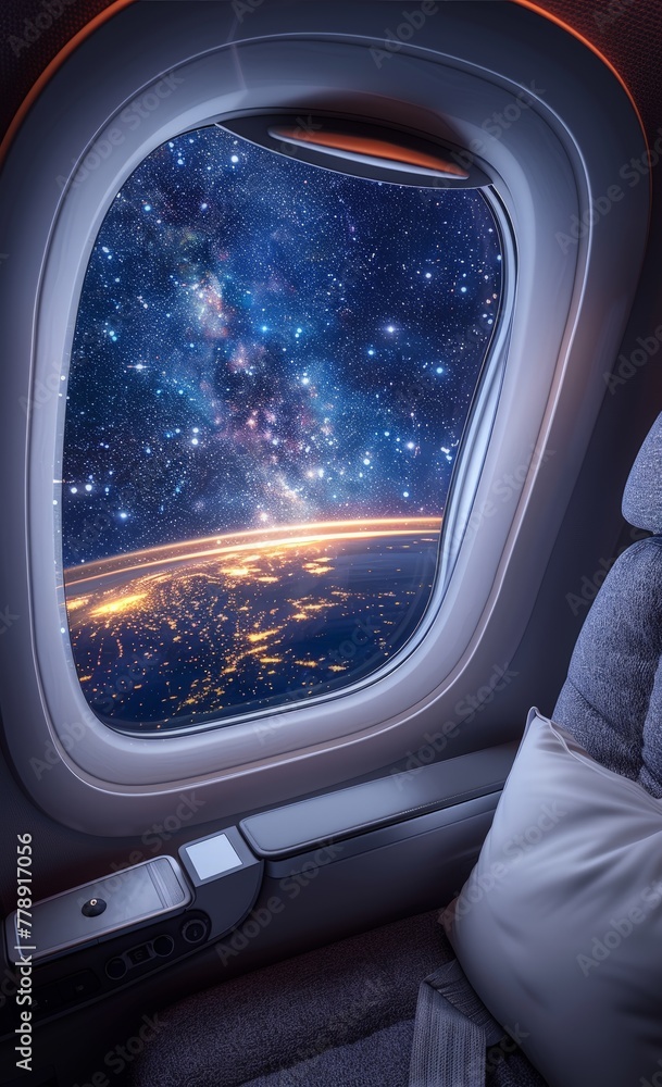 Inside the plane you can see space and stars through one window while the other shows Earths surface, Generated by AI