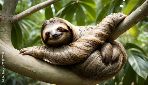 A Sloth With Its Body Draped Over A Tree Limb Rel photo