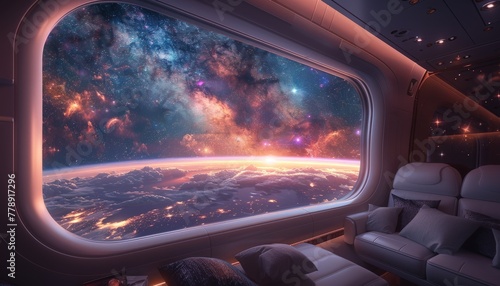 Inside the plane theres open space and stars ahead while one window reveals Earths surface, Generated by AI photo