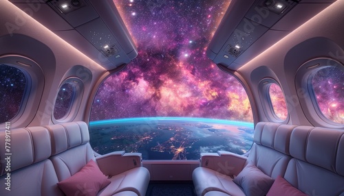 From inside the airplane you can see space and stars in front while the window on one side reveals Earths surface, Generated by AI photo