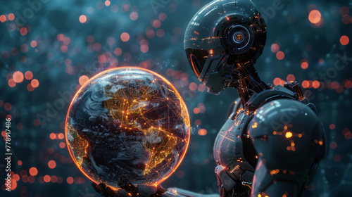Artificial Intelligence, AI robot symbolizing global data connectivity and intelligence.