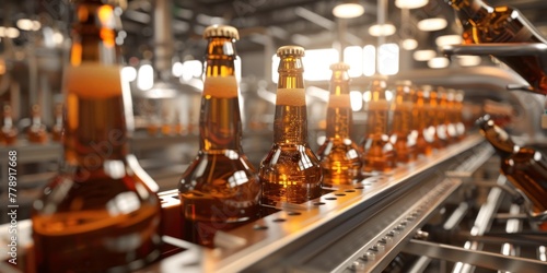 conveyor belt with beer bottles at the factory Generative AI photo