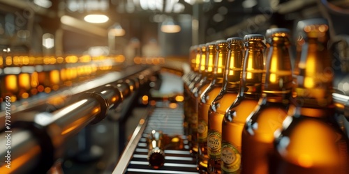 conveyor belt with beer bottles at the factory Generative AI