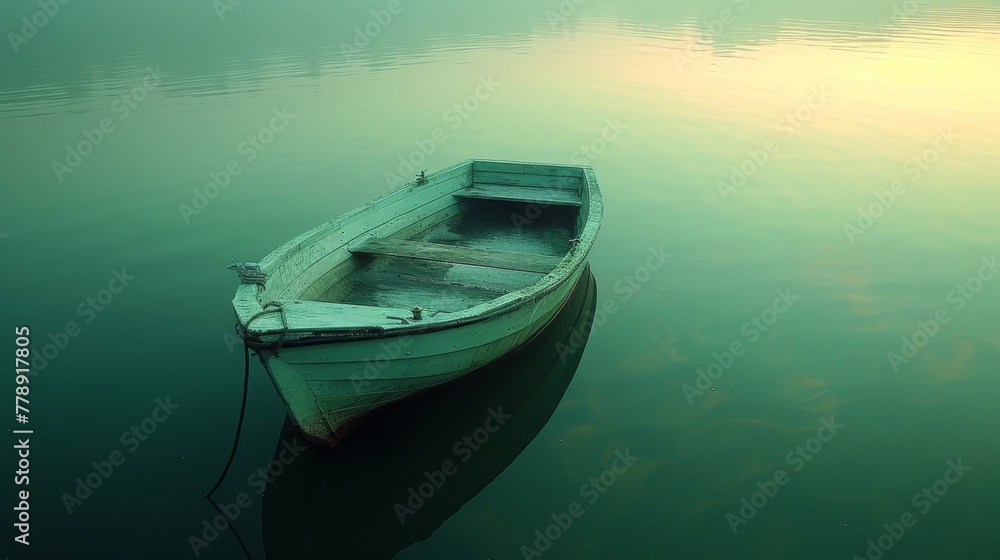   A tiny white vessel bobbing atop a serene lake near a verdant algae-coated shore beneath a golden sky