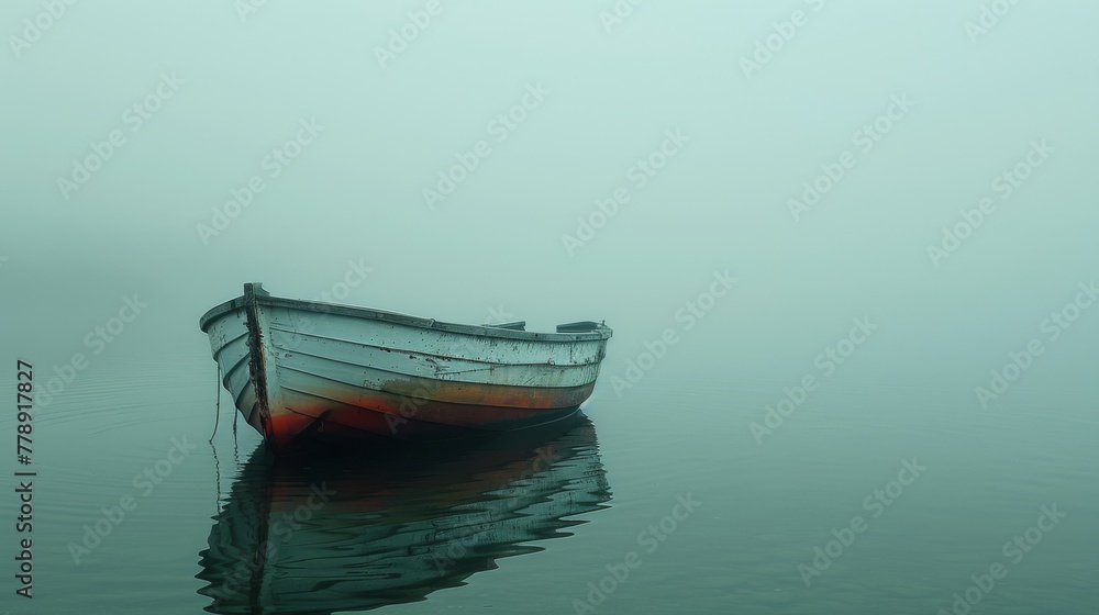   Small boat floating on water amidst foggy day, lake