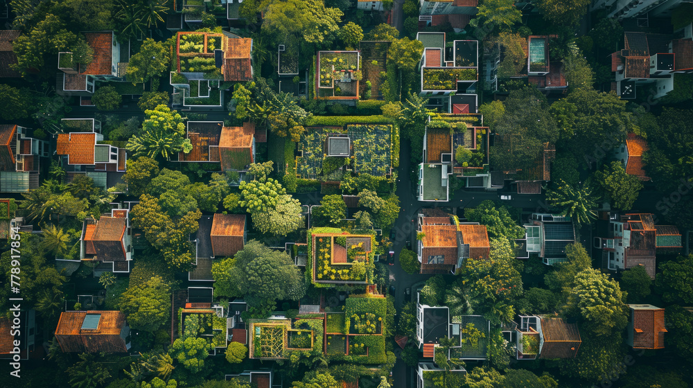 Aerial Scenery, Lush greenery blankets roofs in a serene, pattern-rich landscape.
