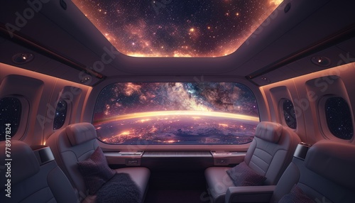 From the inside of an airplane you can see the vast expanse of outer space and twinkling stars ahead while the window on one side reveals the Earths surface, Generated by AI