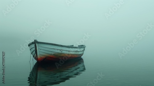 Small boat floating on water amidst foggy day, lake