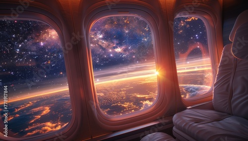 Inside the airplane theres open space and stars ahead while one window reveals Earths surface, Generated by AI photo