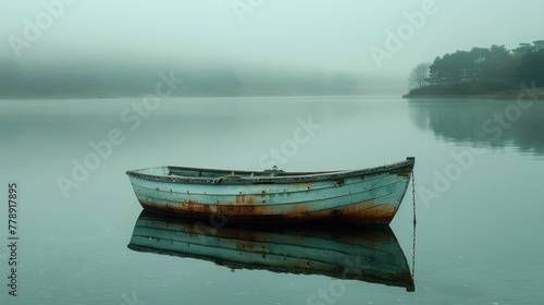  Boat on lake in foggy forest © Olga