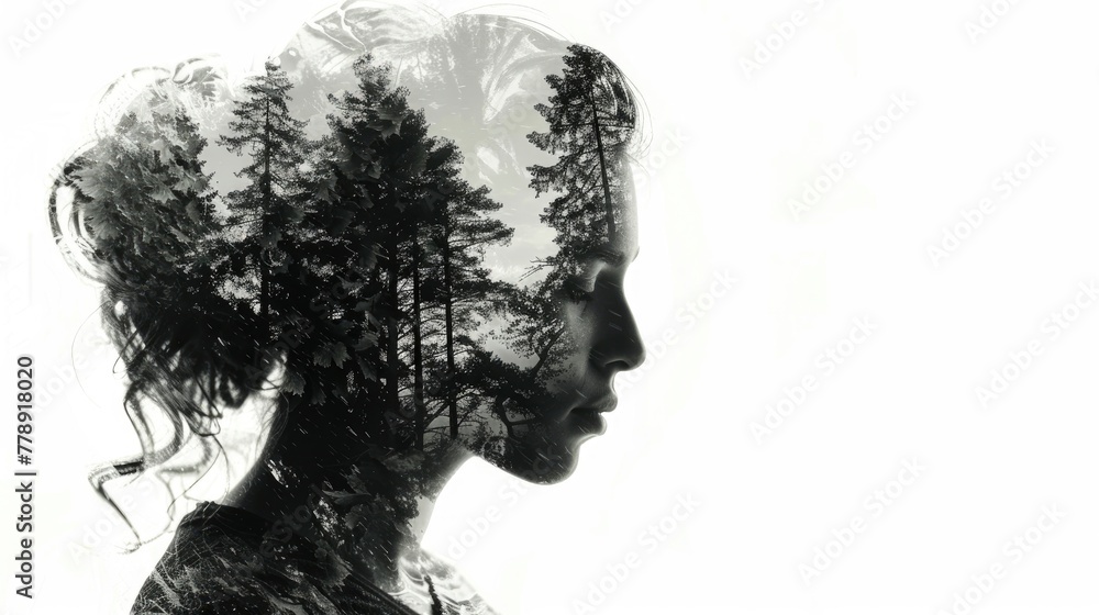 A double exposure illustration of woman with forest trees inside her, side view, white background, black and grey colors, high resolution