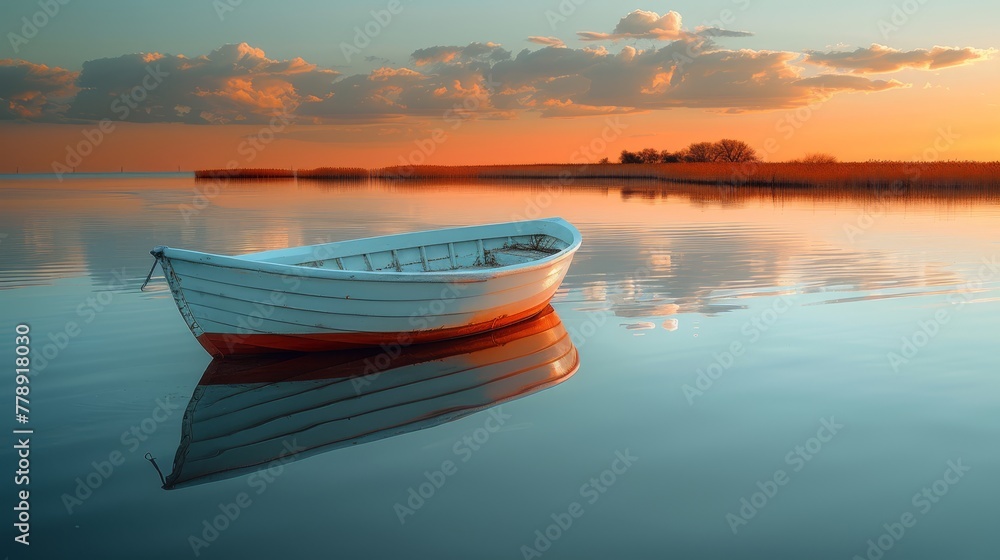 A white boat floats atop a water body beneath a cloudy sky during sunset A white boat floats atop a water body beneath a cloudy sky during sunset