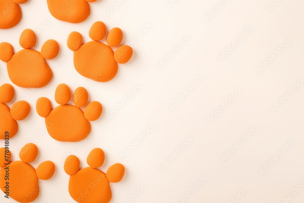 Orange paw prints on a background, minimalist backdrop pattern with copy space for design or photo, animal pet cute surface