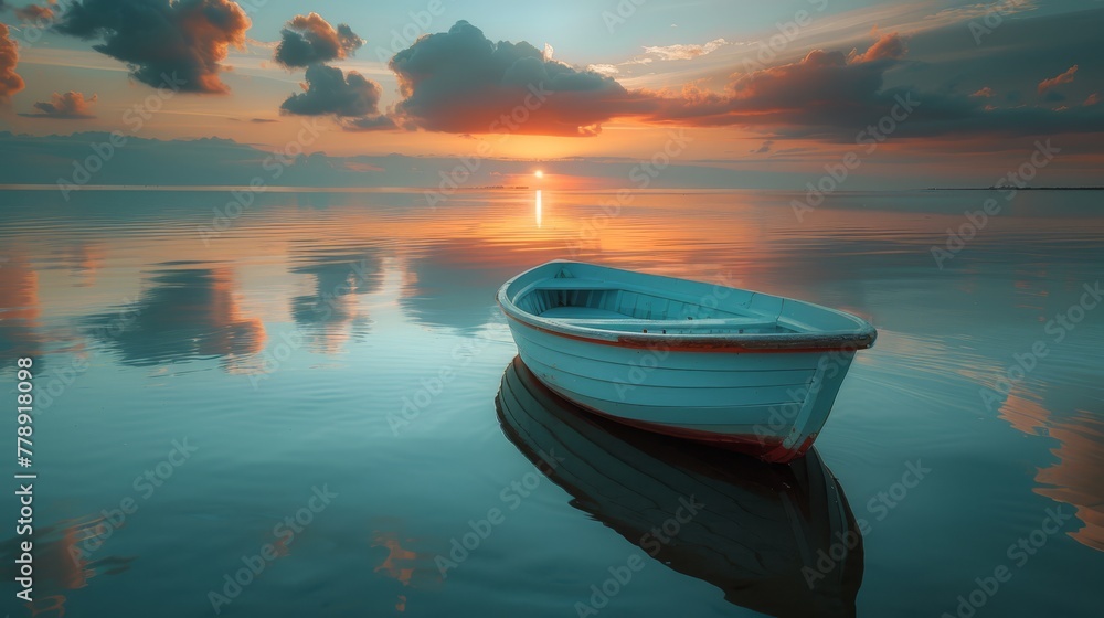   A white boat floats on water beneath a cloudy sky, with the sun in the distance