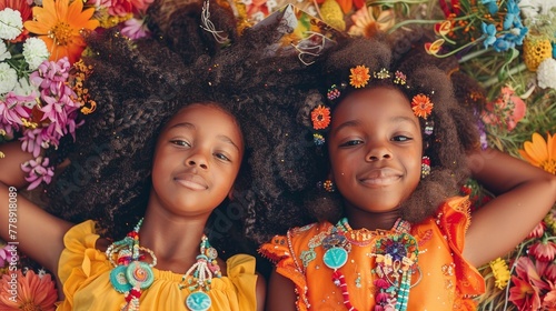 A fashion shoot of two happy smiling little black girls with big curly hair wearing colorful beaded necklaces and wildflowers in their braids, posing laying on the ground covered in flowers © CgDesign4U