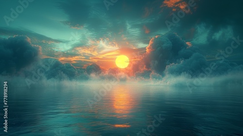  A sun in the middle of the sky is surrounded by clouds above a vast expanse of water below #778918294