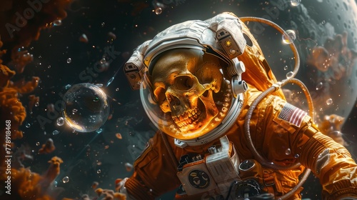 a golden skull floating in space, wearing an orange and white astronaut suit with metal details, surrounded by swirling galaxies and stars, a helmet covered in bubbles floating around the skulls head