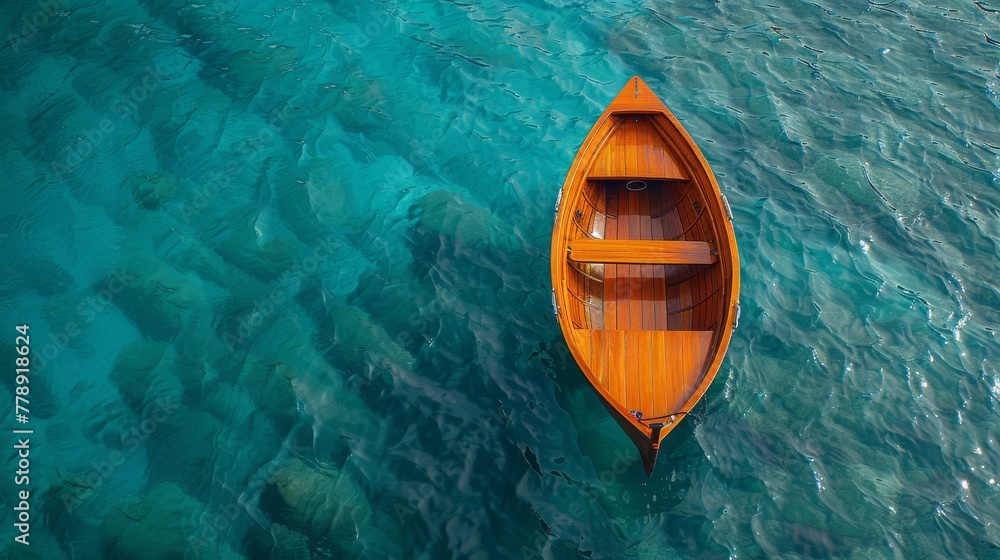 A wooden boat floats on water near rocky shoreline A wooden boat floats on water near rocky shoreline