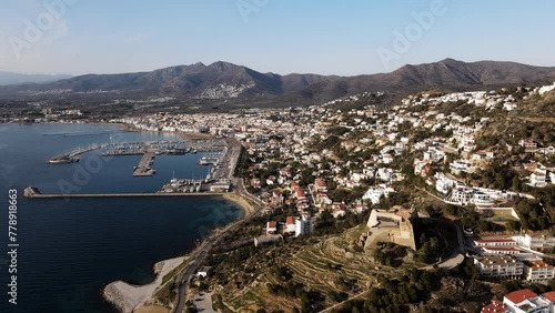 Aerial shot of Roses, a seaside town in the Mediterranean in Spain. photo