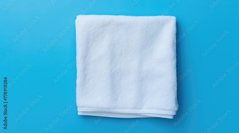 White cotton towel on a blue background. Bathroom decor and accessories.