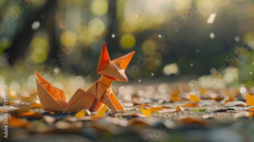 A origami fox made of paper lay on the ground, origamis nearby, with a depth of field and bokeh effect created in the style of octane render photo