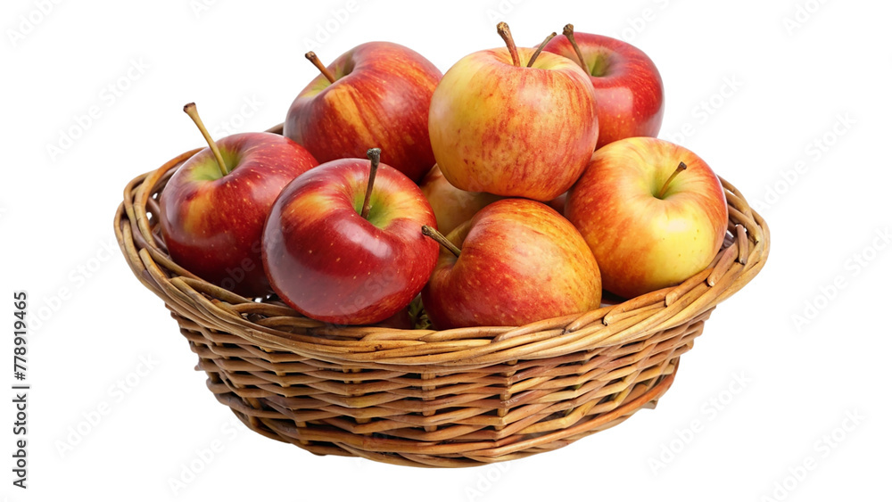 Basket of red and yellow apples with leaves isolated on transparent background Basket of red and yellow apples with leaves isolated on transparent background
