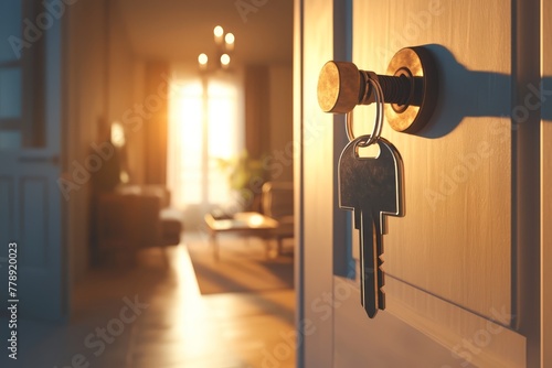 A house-shaped keychain with keys hanging from the door handle of an open home entrance, representing residential real estate or residential property.  photo
