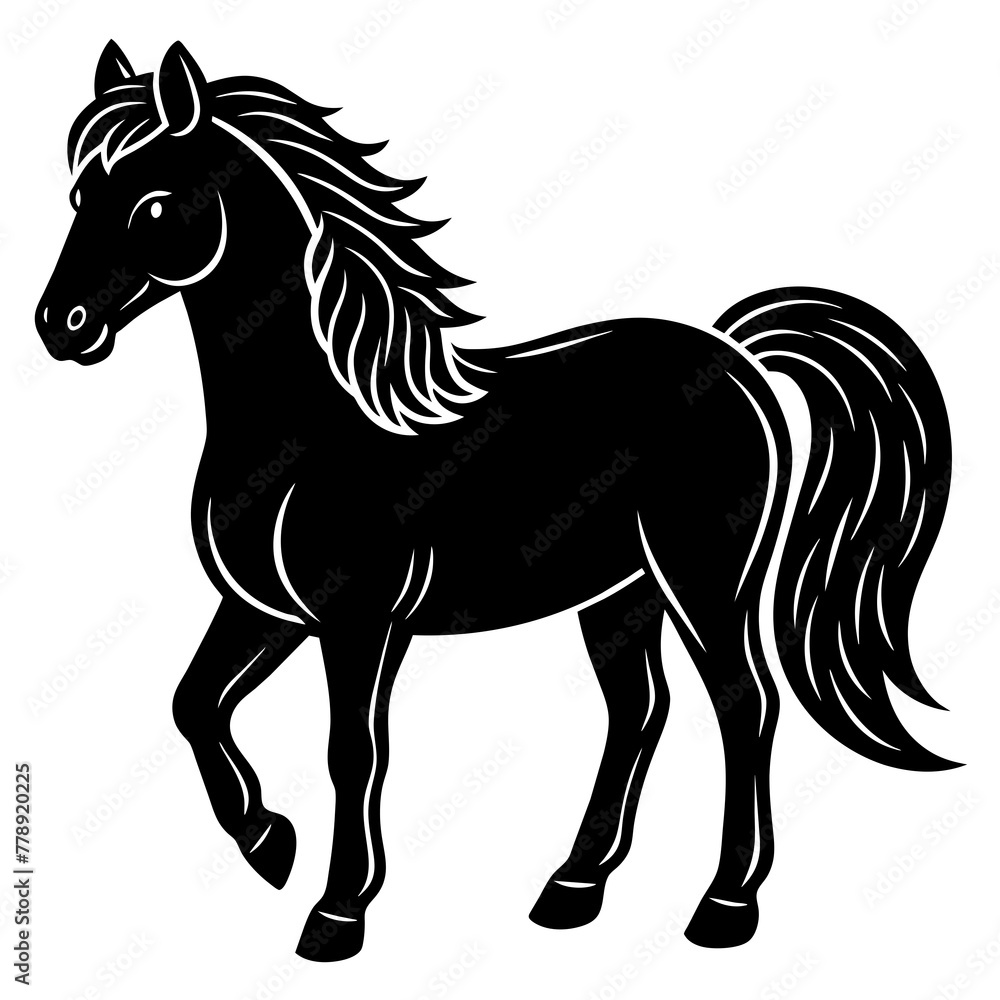 Obraz premium horse illustration, black horse silhouette vector illustration,icon,svg,animals,acoustic horse characters,Holiday t shirt,Hand drawn trendy Vector illustration,horse on black background