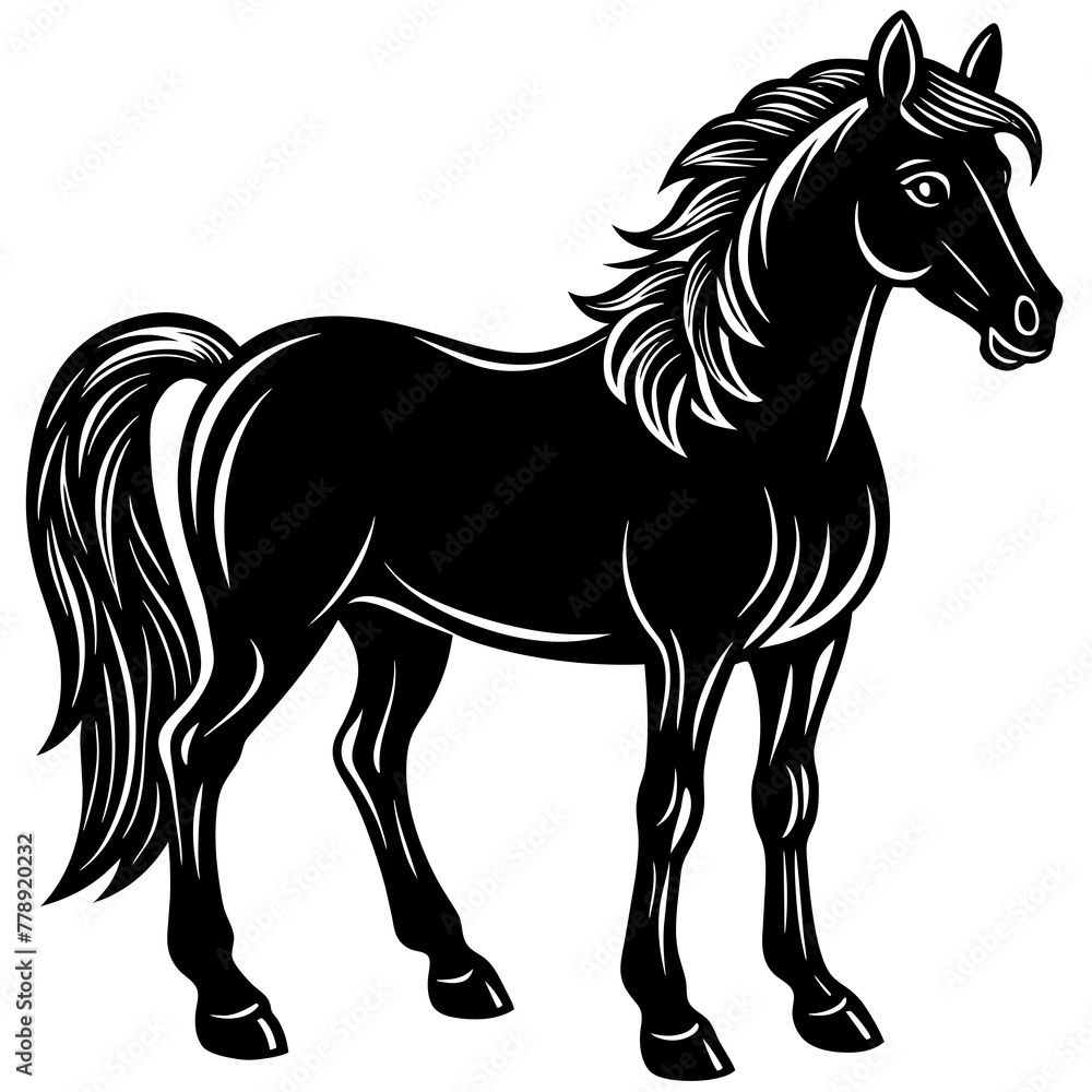 Obraz premium horse illustration, black horse silhouette vector illustration,icon,svg,animals,acoustic horse characters,Holiday t shirt,Hand drawn trendy Vector illustration,horse on black background