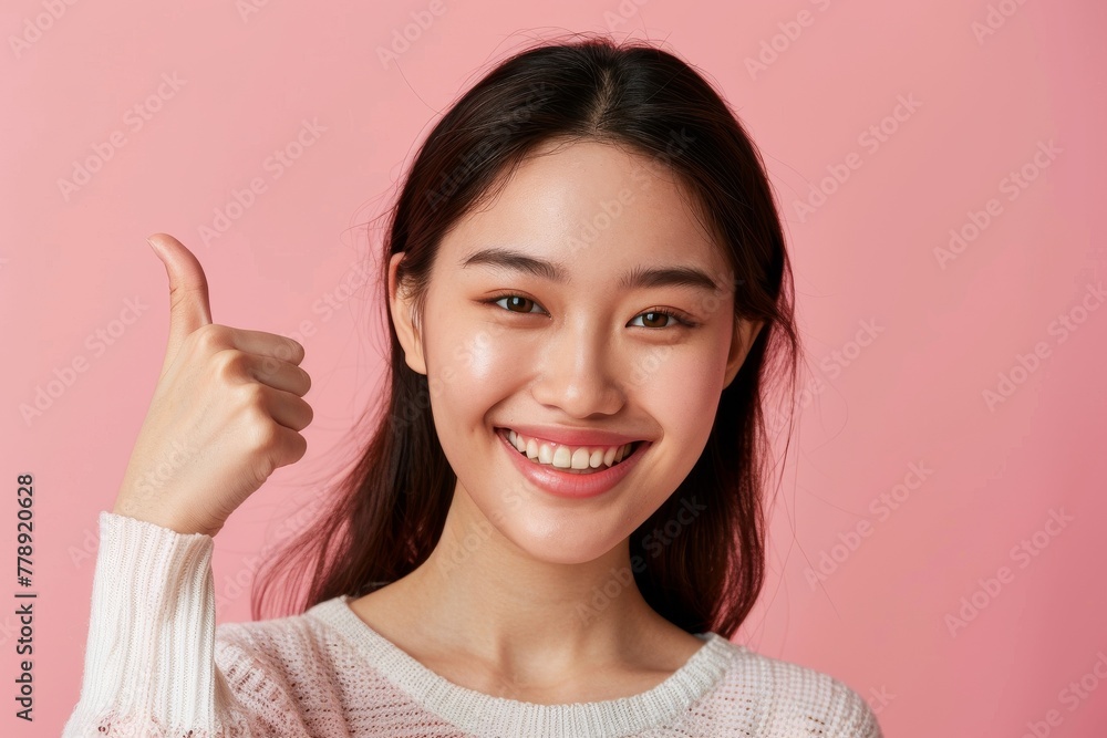 A young Asian woman in a casual top smiles brightly thumb up A young Asian woman in a casual top smiles brightly thumb up