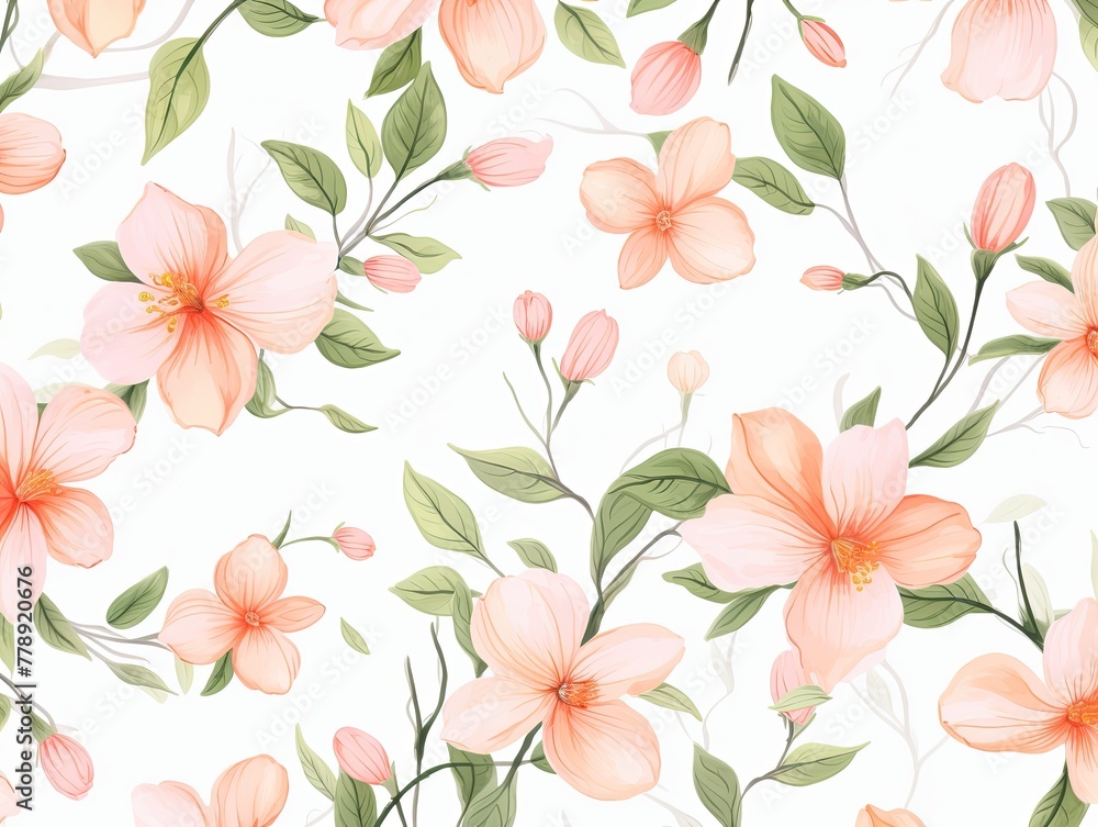 Peach flower petals and leaves on white background seamless watercolor pattern spring floral backdrop 