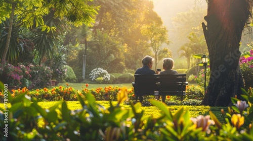 A serene morning in a lush garden retired couple enjoying coffee together