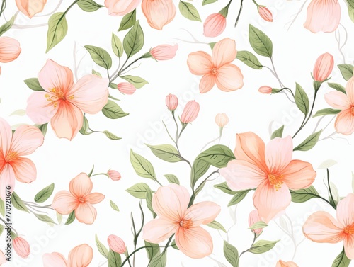 Peach flower petals and leaves on white background seamless watercolor pattern spring floral backdrop 