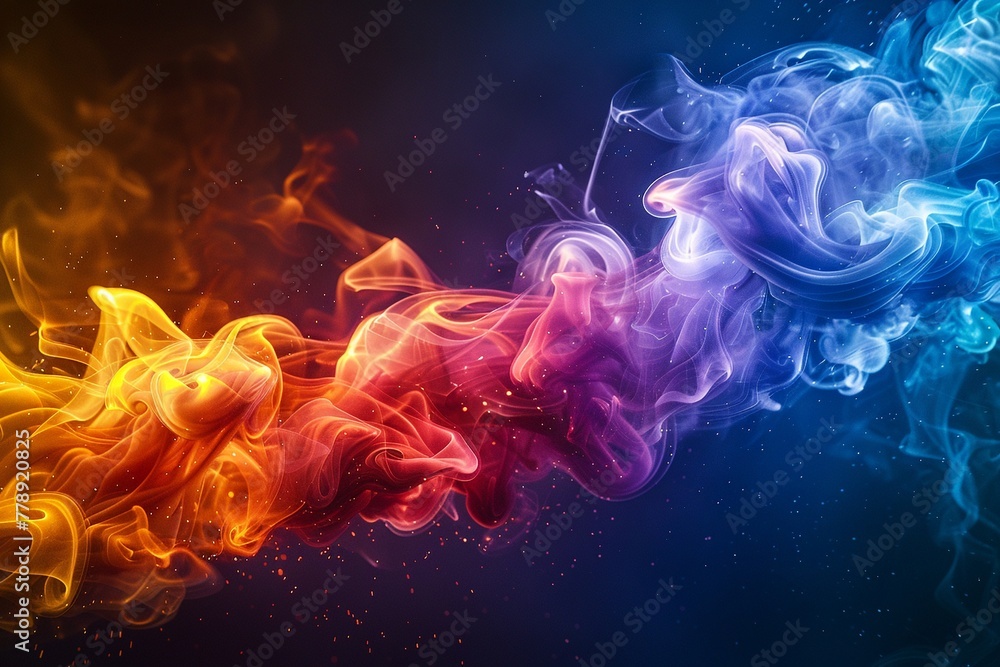 Vivid rainbow smoke tendrils curling, multicolored against a black background ,3DCG,high resulution,clean sharp focus