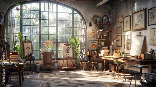 Detailed 3D rendering of a retired artists studio abundant with creative projects